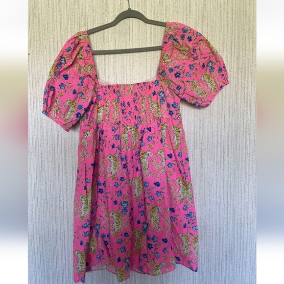 Lilly Pulitzer 10 Kay Babydoll Dress Prosecco Pink Tigress Garden Puffy Sleeves - Picture 11 of 12